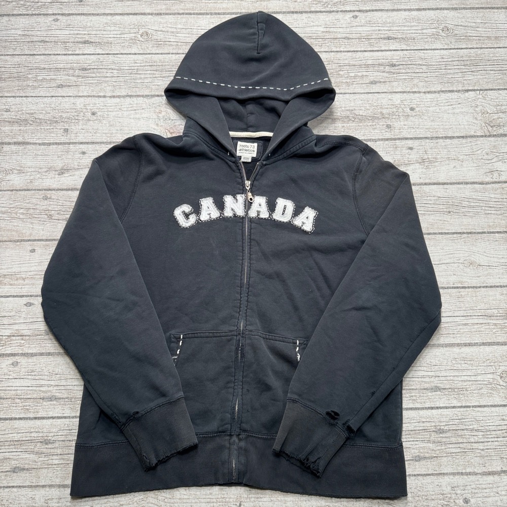 Y2K Roots Athletics Hoodie Men's XL Black Canada Applique Distressed Athleisure
